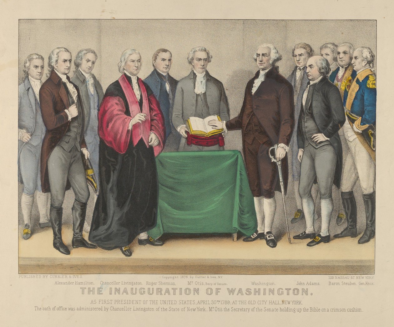 Inaugurace Washingtonu jako prvního prezidenta Spojených států 30. dubna 1789 na Staré radnici v New Yorku od Currier and Ives