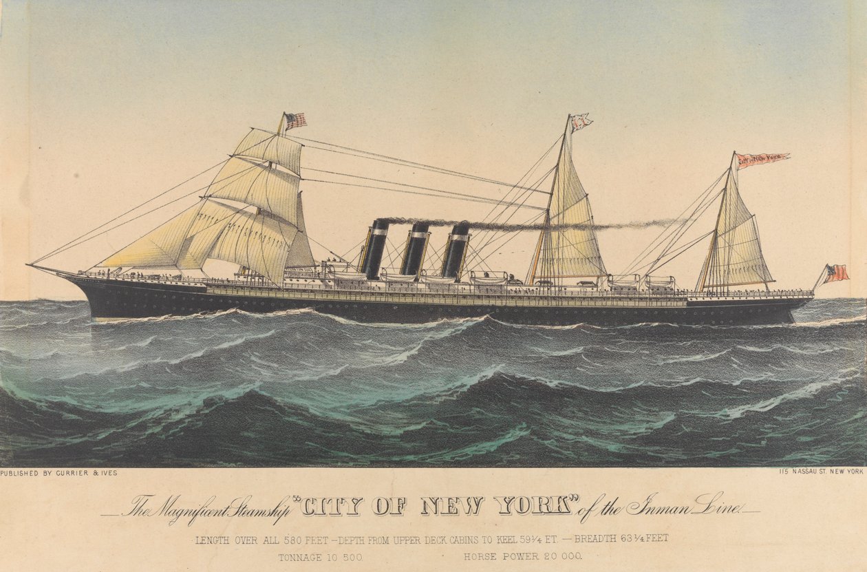 Velkolepý parník "City of New York" společnosti Inman Line, konec 19. století (litografie, kolorovaná) od N. and Ives J.M. (1824 95) Currier