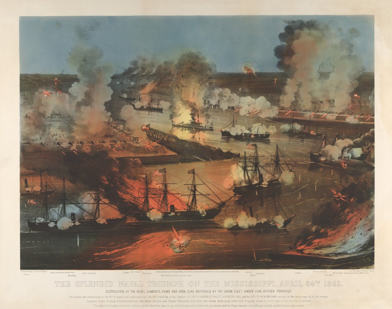Skvělý námořní triumf na Mississippi, 24. dubna od Currier and Ives