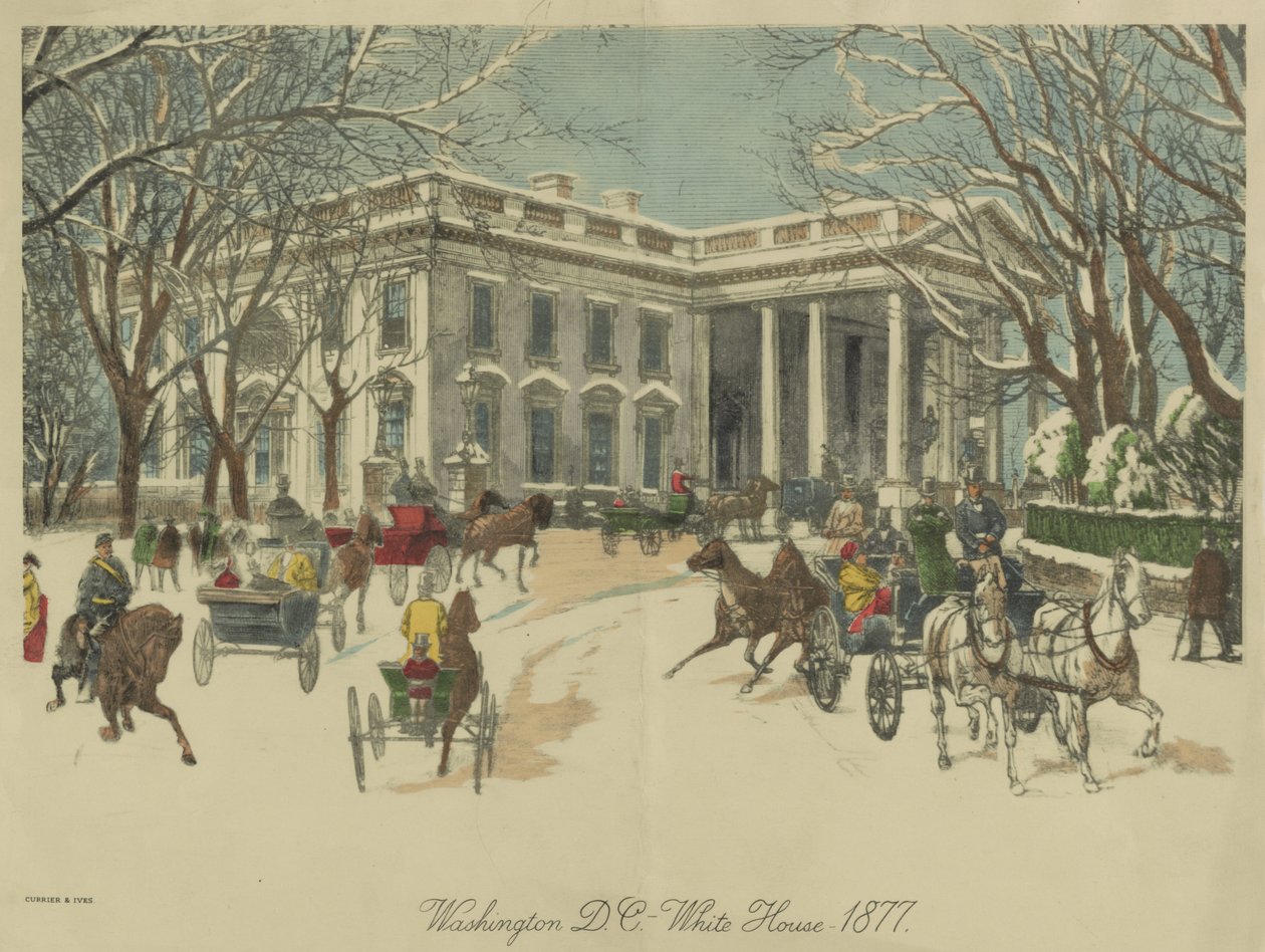 Bílý dům, Washington D.C. 1877 (barevná litografie) od Currier and Ives
