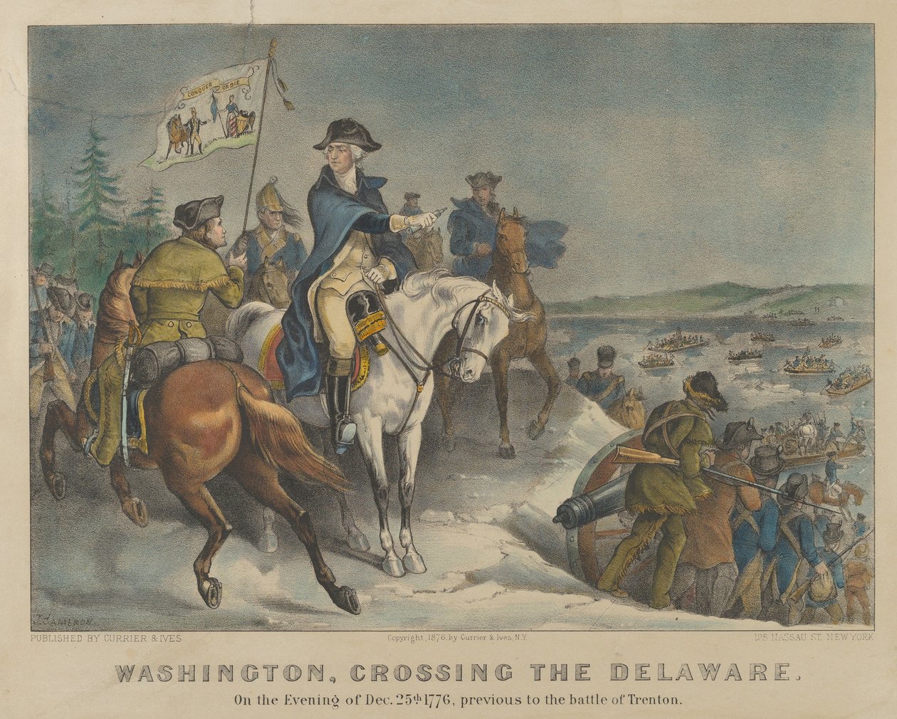 Washington překračující Delaware Večer 25. prosince 1776, před bitvou u Trentonu od Currier and Ives