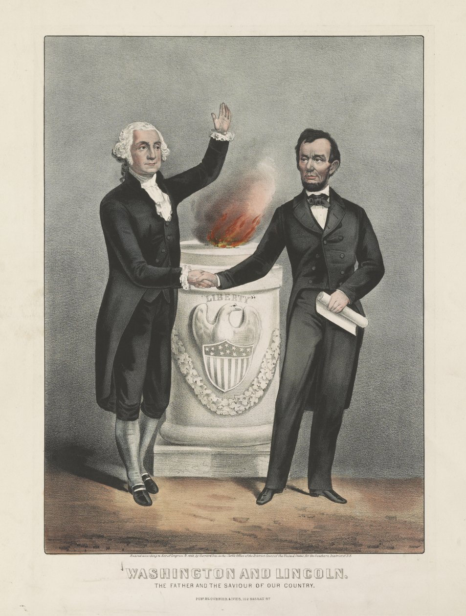 Washington a Lincoln. Otec a zachránce naší země, kolem 1865 (barevná litografie) od Currier and Ives