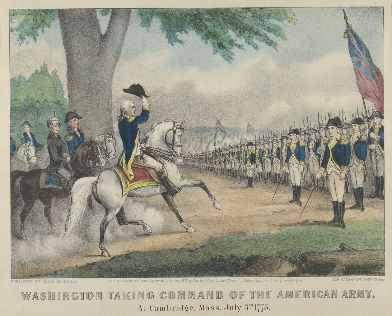 Washington převzal velení americké armády v Cambridge, Massachusetts dne 3. července 1775 od Currier and Ives