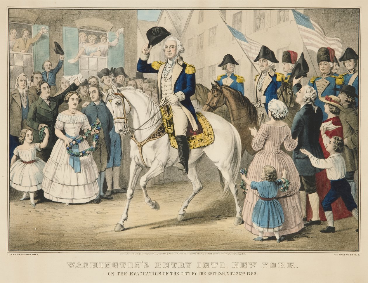 Vstup Washingtonu do New Yorku při evakuaci města Brity 25. listopadu 1783 od Currier and Ives