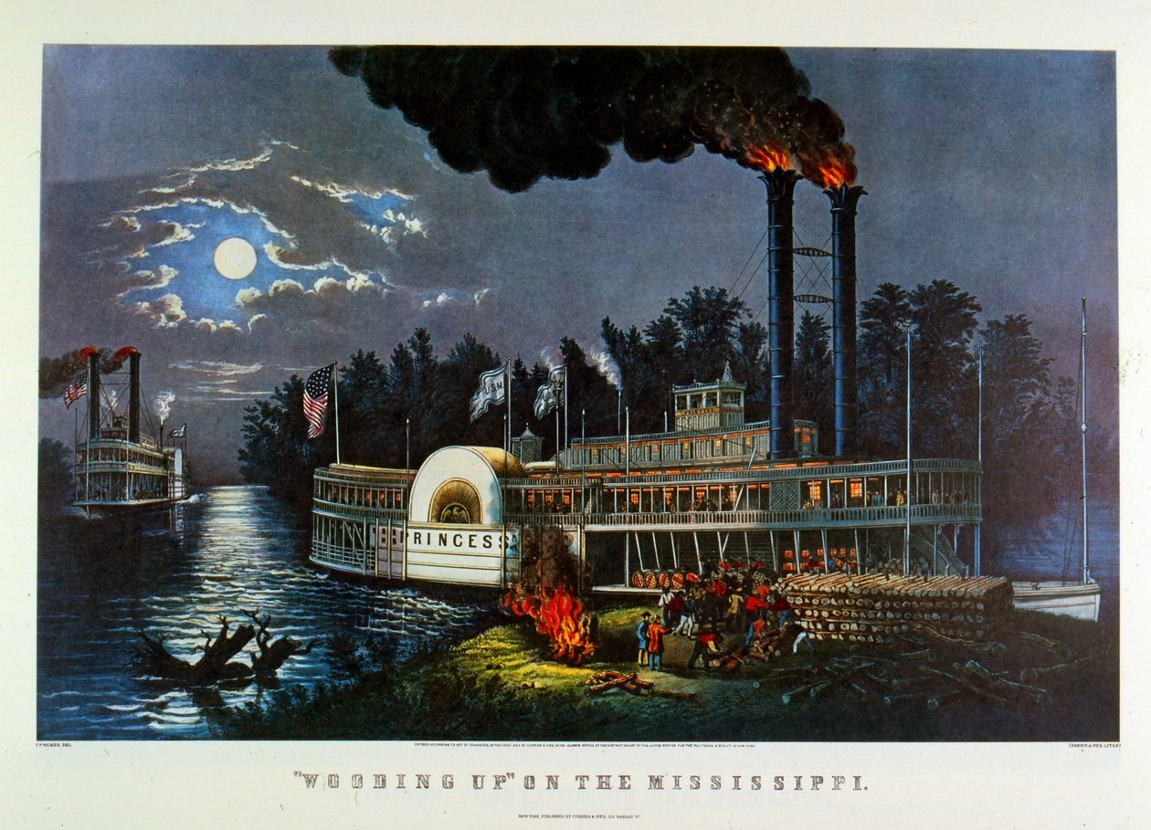"Wooding up on the Mississippi". 1863 (litografie) od N. and Ives J.M. (1824 95) Currier