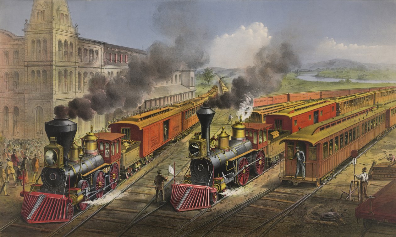 Americká železniční scéna: rychlíky vyjíždějící z křižovatky, 1874 od N. and Ives, J.M. Currier