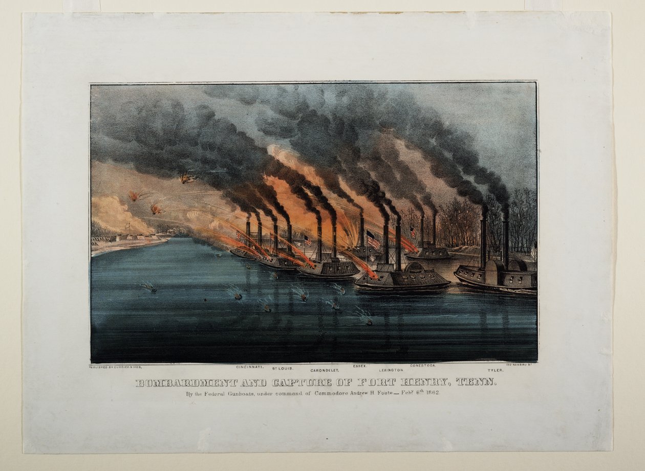 Bombardování a dobytí Fort Henry, Tenn, kolem roku 1862 od N. and Ives, J.M. Currier