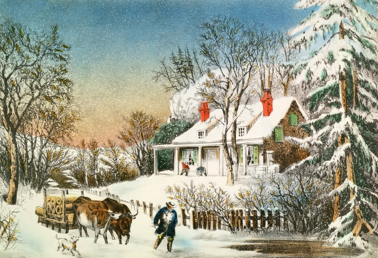 Bringing Home the Logs, Zimní krajina, 19. století od N. and Ives, J.M. Currier