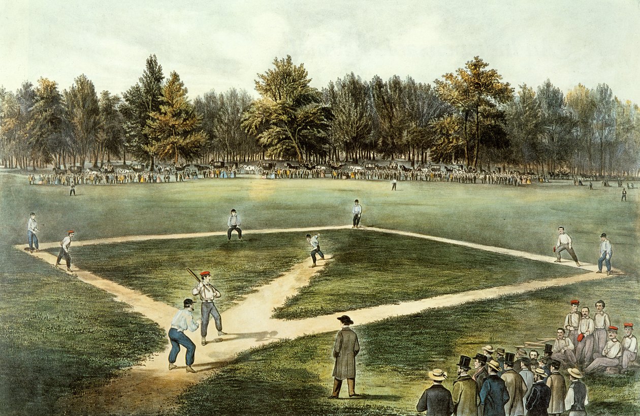 The American National Game of Baseball - Grand Match at Elysian Fields, Hoboken, NJ, 1866 (viz 32902) od N. and Ives, J.M. Currier
