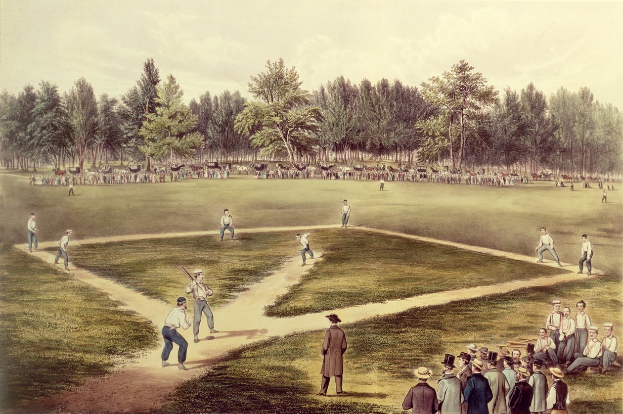The American National Game of Baseball - Grand Match at Elysian Fields, Hoboken, NJ, 1866 (viz také 159490) od N. and Ives, J.M. Currier