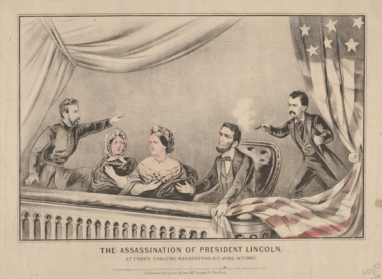 Atentát na prezidenta Lincolna ve Fords Theatre, Washington, 1865 (ručně kolorovaná litografie) od N. and Ives, J.M. Currier