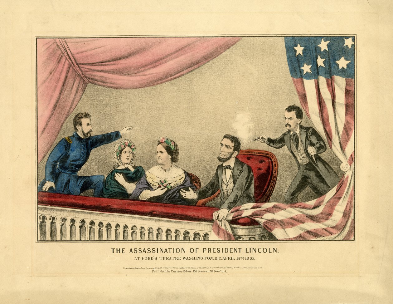 Atentát na prezidenta Lincolna, ve Fordově divadle, Washington, DC 14. dubna 1865, 1865 od N. and Ives, J.M. Currier