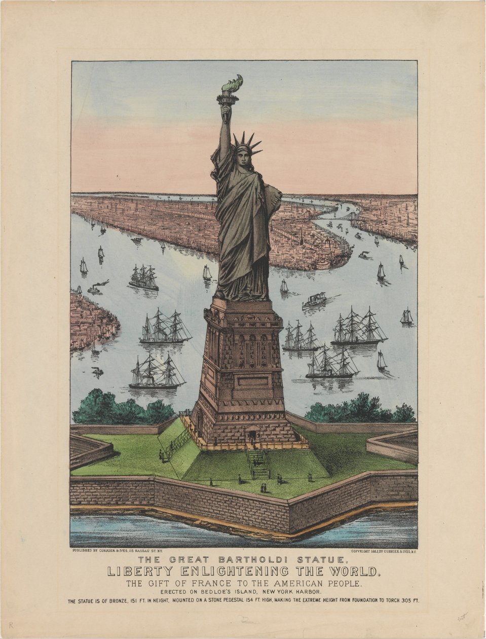The Great Bartholdi Statue – Liberty Enlightening the World, 1885 (ručně kolorovaná litografie) od N. and Ives, J.M. Currier