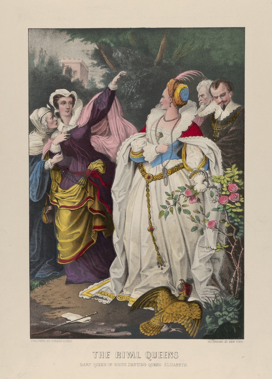 The Rival Queens, Mary Queen of Scots Defying Queen Elizabeth, 1857-72 (ručně kolorovaná litografie) od N. and Ives, J.M. Currier