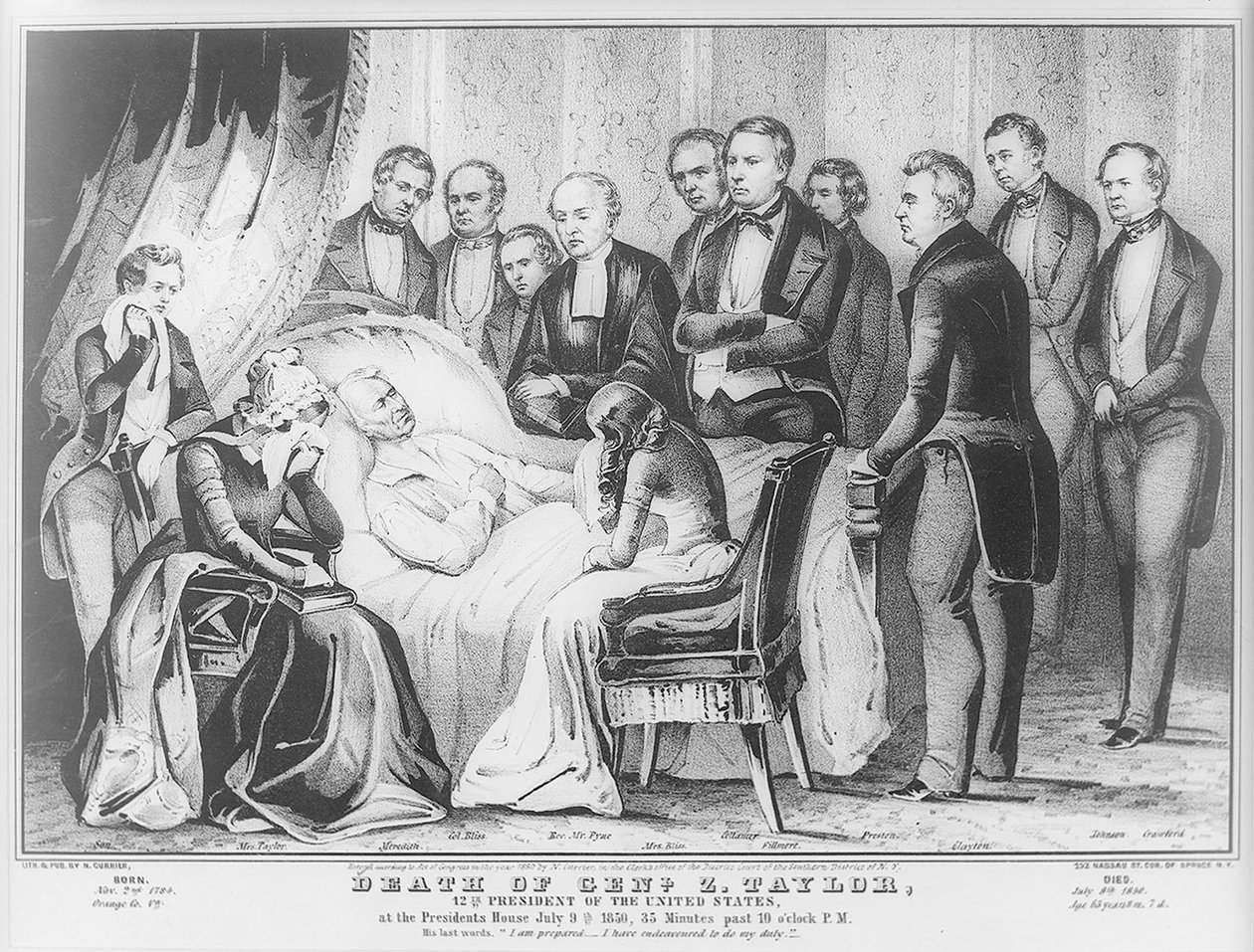 Zachary Taylor na smrtelné posteli v Bílém domě, 1850 od N. and Ives, J.M. Currier