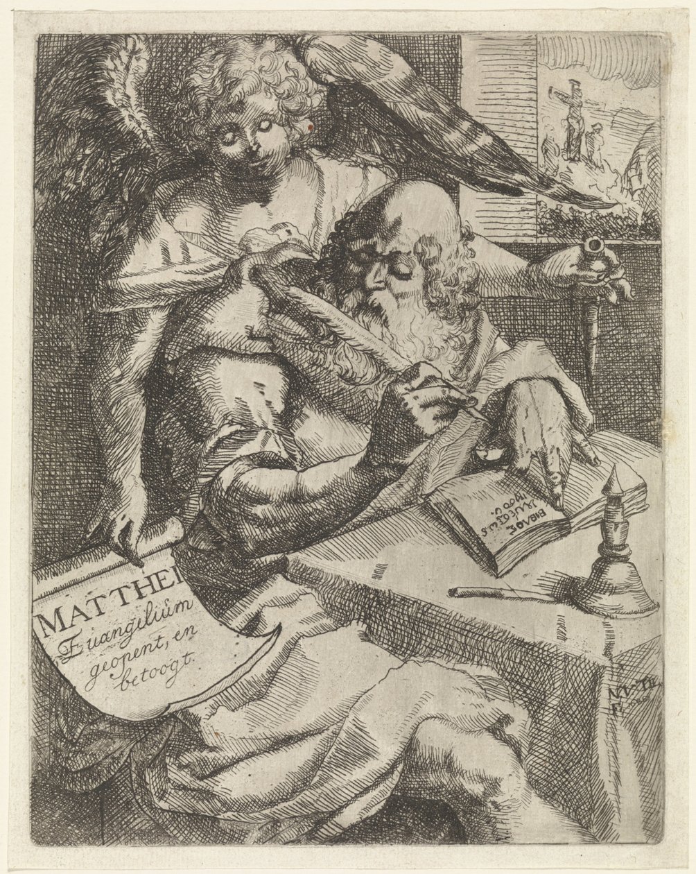 Matouš evangelista Matthei Evangelium se otevírá a argumentuje (název na předmětu) Titulní strana pro: S. van Til, Het euangelium des H. Apostles Matthæi (...) otevřeno krátkými poznámkami, 1687 od N. van Til