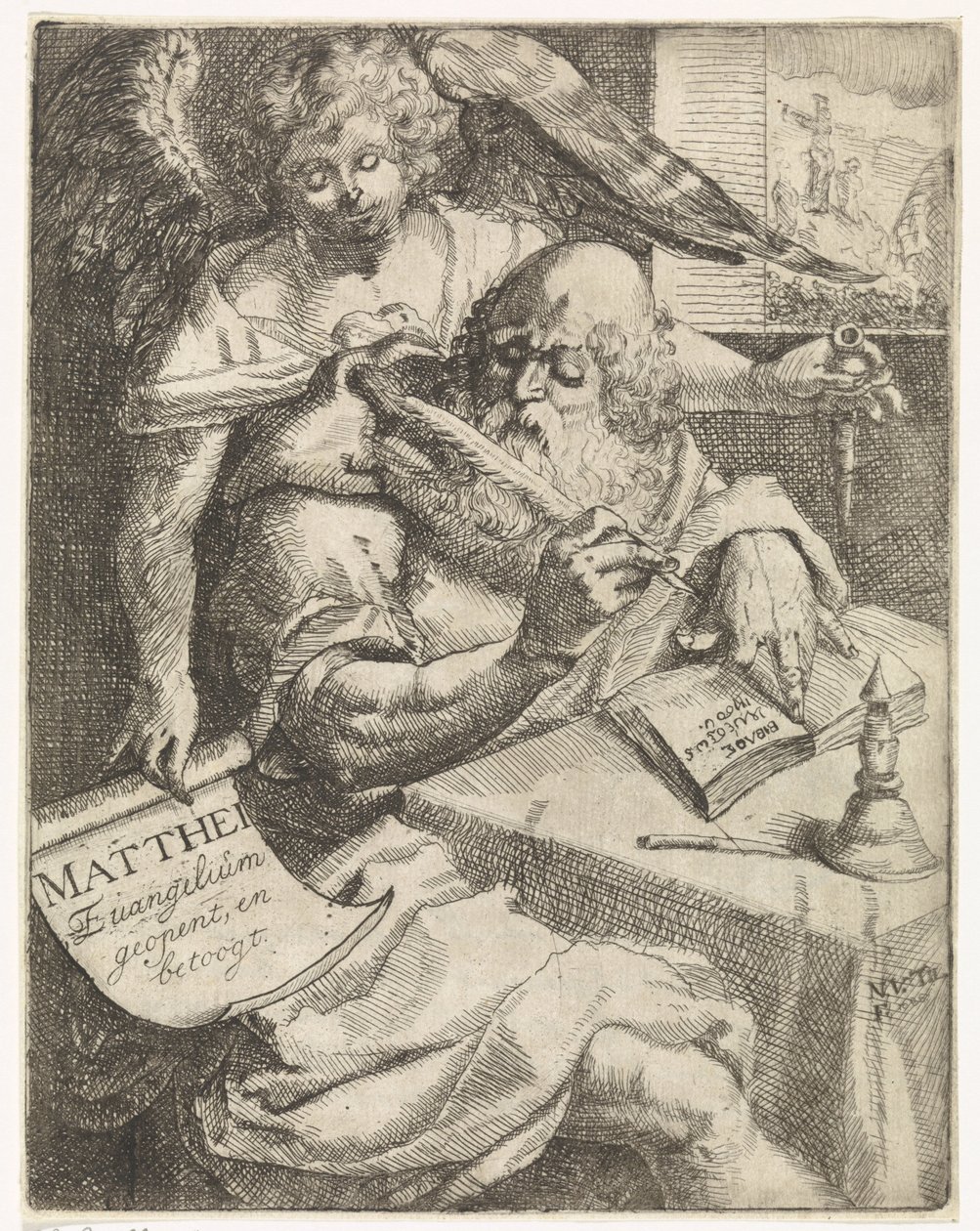 Matouš evangelista Matthei Evangelium se otevírá a argumentuje (název na předmětu) Titulní strana pro: S. van Til, Het euangelium des H. Apostles Matthæi (...) otevřeno krátkými poznámkami, 1687 od N. van Til