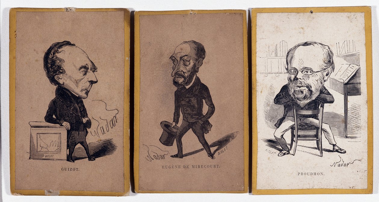 3 Portrétní náboj (portrétní náboj): Francois Pierre Guillaume Guizot (1787-1874), francouzský historik a politik, Charles Jean-Baptiste (Jean Baptiste) Jacquot dit Eugene de Mirecourt (1812-1880), francouzský novinář a spisovatel, a Pierre -Joseph Proudho od Nadar