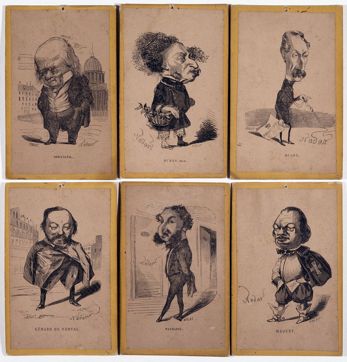 6 Charge Portraits: Pierre Jean de Beranger (1780-1857) francouzský skladatel, Alexandre Dumas fils (1824-1895), Louis Adrien Huart (1813-1865) francouzský novinář, spisovatel a divadelní režisér, Gerard de Nerval (1808-1855), Francouzský spisovatel Charle od Nadar