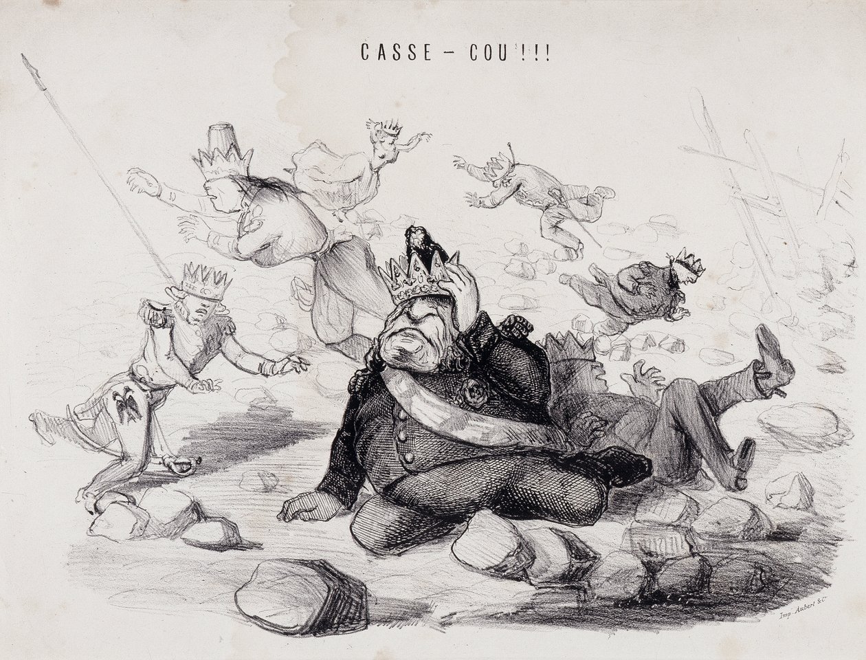 Dareneck!!! (Zlomení krku). Litografie od Gabriela Auberta, pařížského tiskaře, který vydává noviny „La Caricature“ od Nadar