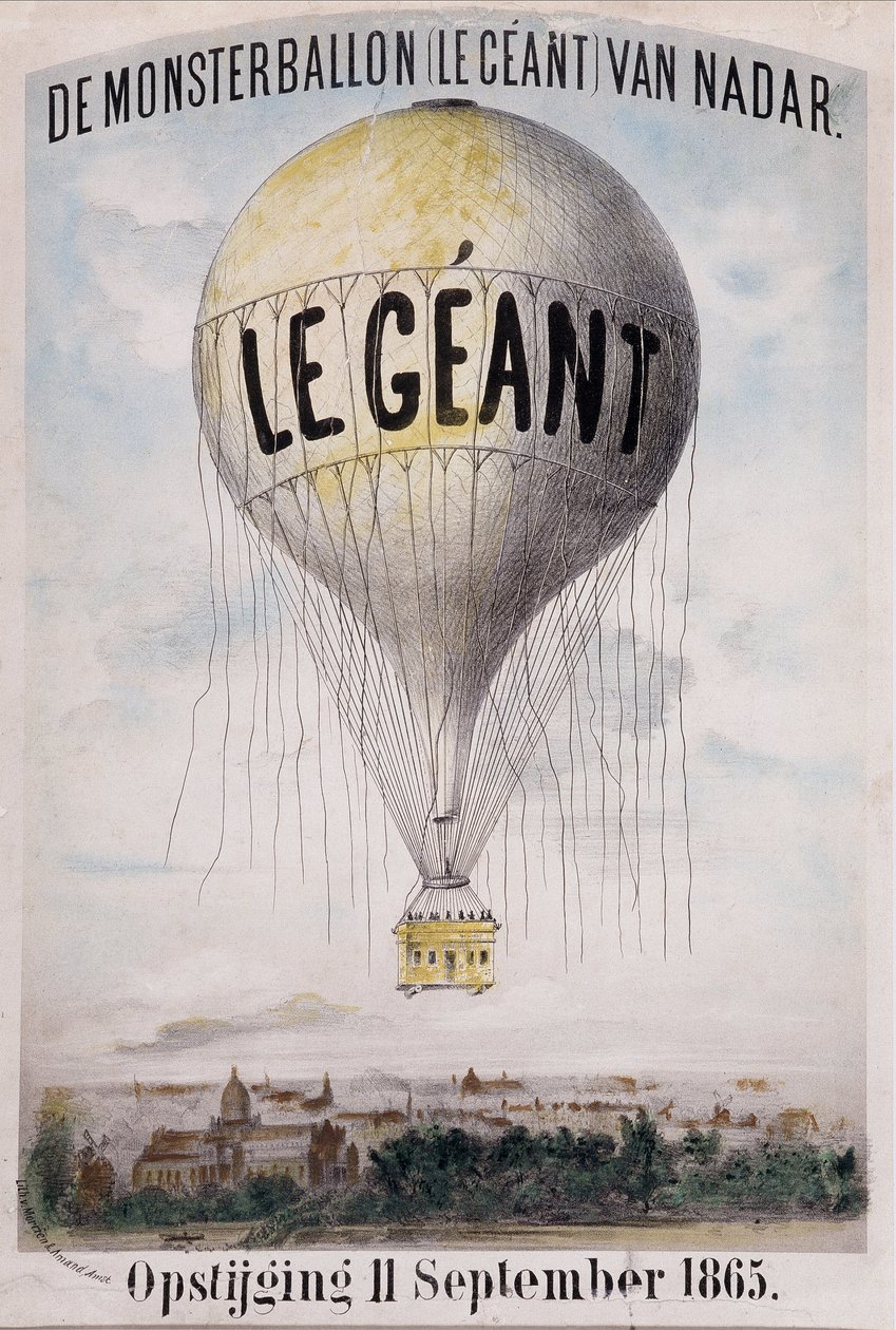 De Monsterballon (Le Giant) van Nadar Opstijging 11. září 1865. Nizozemská reklama na odvíjení míče „The Giant“ 11. září od Nadar