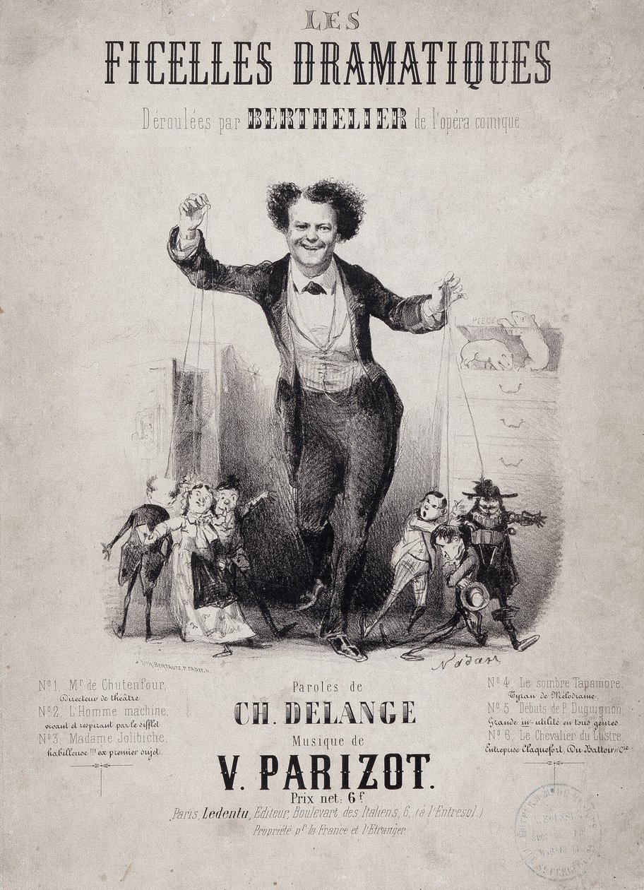 Portrét Jeana Bertheliera (1830-1888) držícího syny loutek. Album "Les Ficelles Dramatiques deroulees od Bertheliera de l