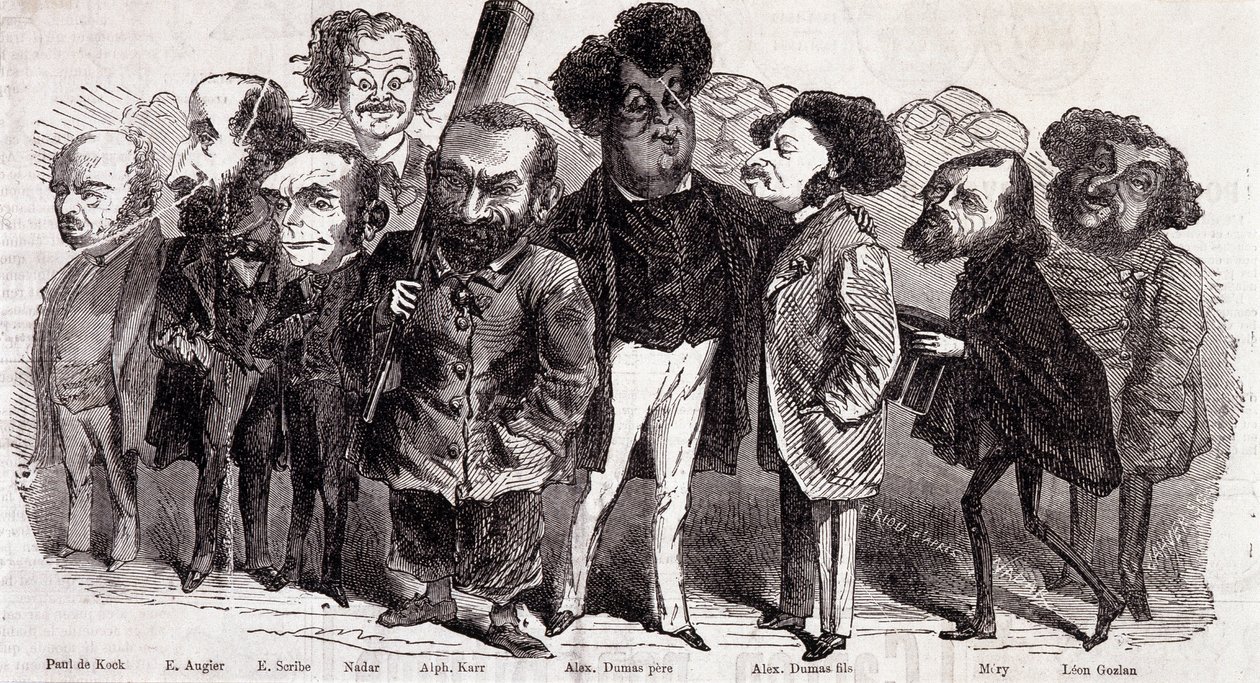 Portréty spisovatelů Paul de Kock (1793-1871), Emile Augier (1820-1889), Eugene Scribe (1791-1861), Felix Nadar, Alphonse Karr (1808-1890), Alexandre Dumas pere (1802-1870) a Alexandre Dumas Jr. (1824-1895), Joseph Mery (1798-1866) a Leon Gozan (1803-1 od Nadar