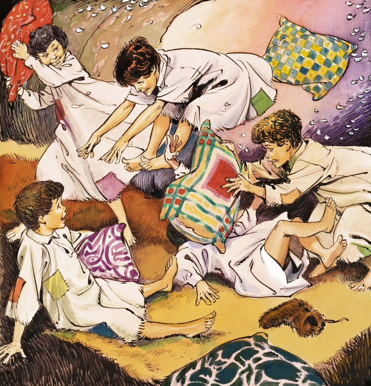 Polštářová bitva, ilustrace z knihy "Peter Pan" od J. M. Barrieho (kvaš na papíře) od Nadir Quinto