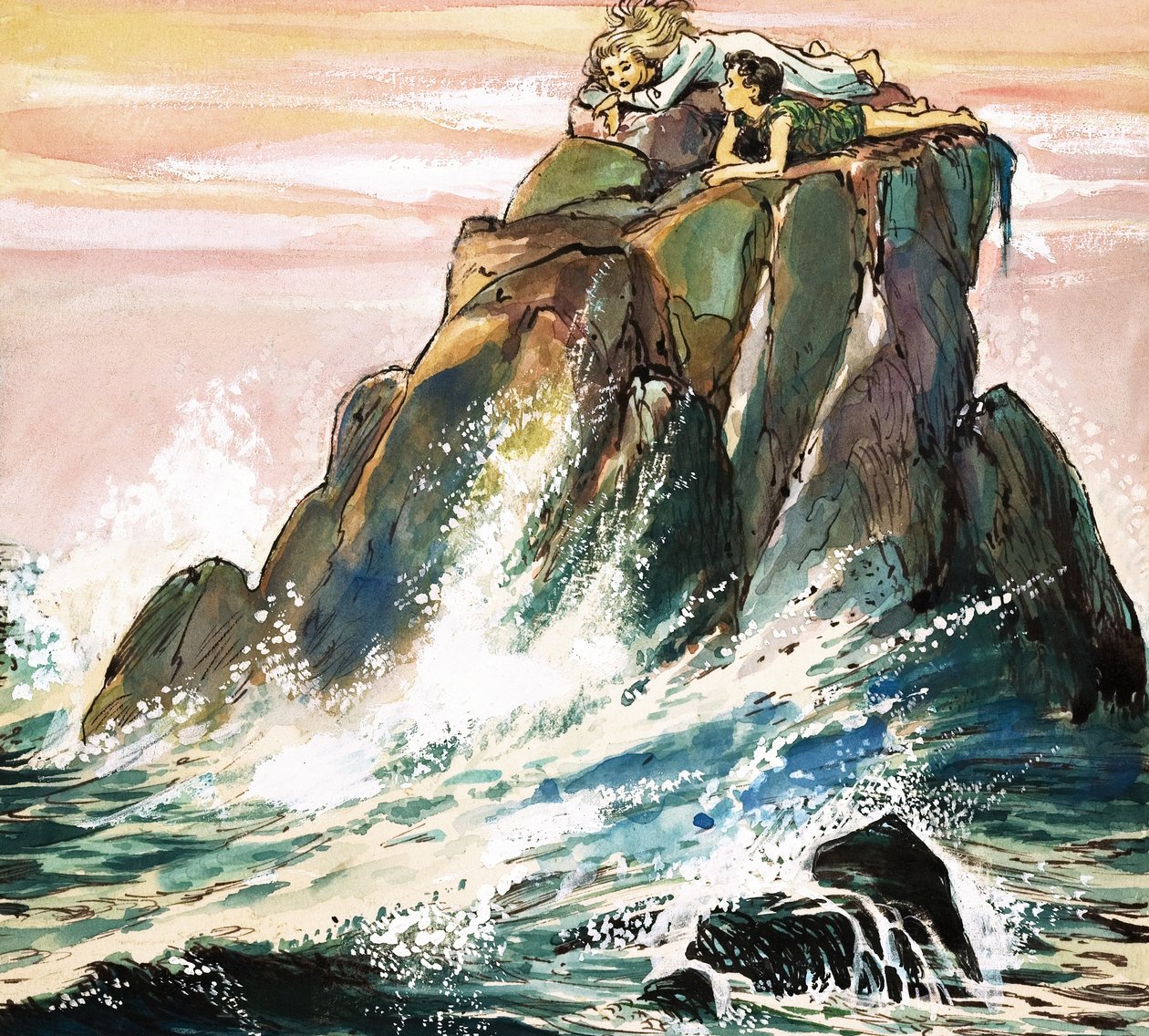 Peter Pan a Wendy Darlingová na skále, ilustrace z knihy "Peter Pan" od J. M. Barrieho (kvaš na papíře) od Nadir Quinto