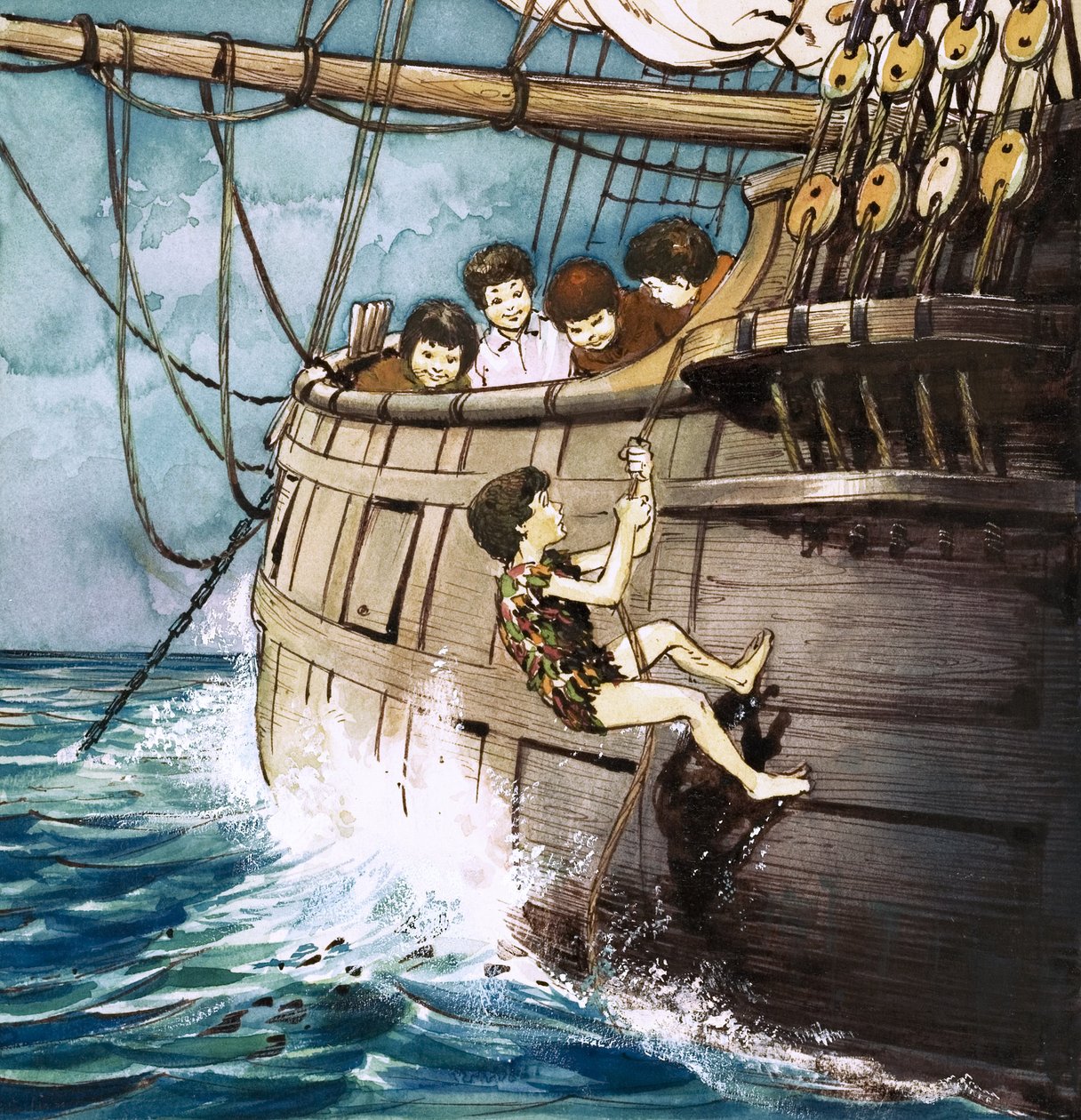Peter Pan vystupuje na palubu, ilustrace z knihy "Peter Pan" od J. M. Barrieho (kvaš na papíře) od Nadir Quinto