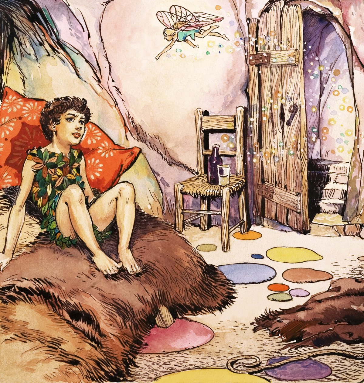 Petr Pan mluví se Zvonilkou, ilustrace z knihy "Petr Pan" od J. M. Barrieho (kvaš na papíře) od Nadir Quinto