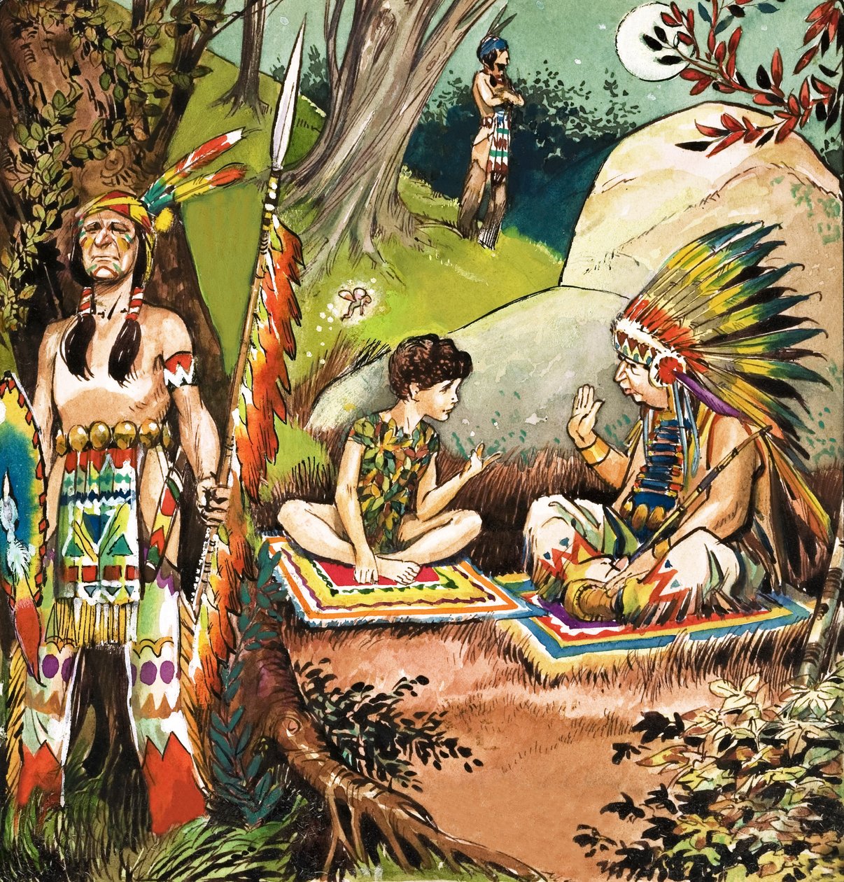 Peter Pan hovoří s náčelníkem, ilustrace z knihy "Peter Pan" od J. M. Barrieho (kvaš na papíře) od Nadir Quinto