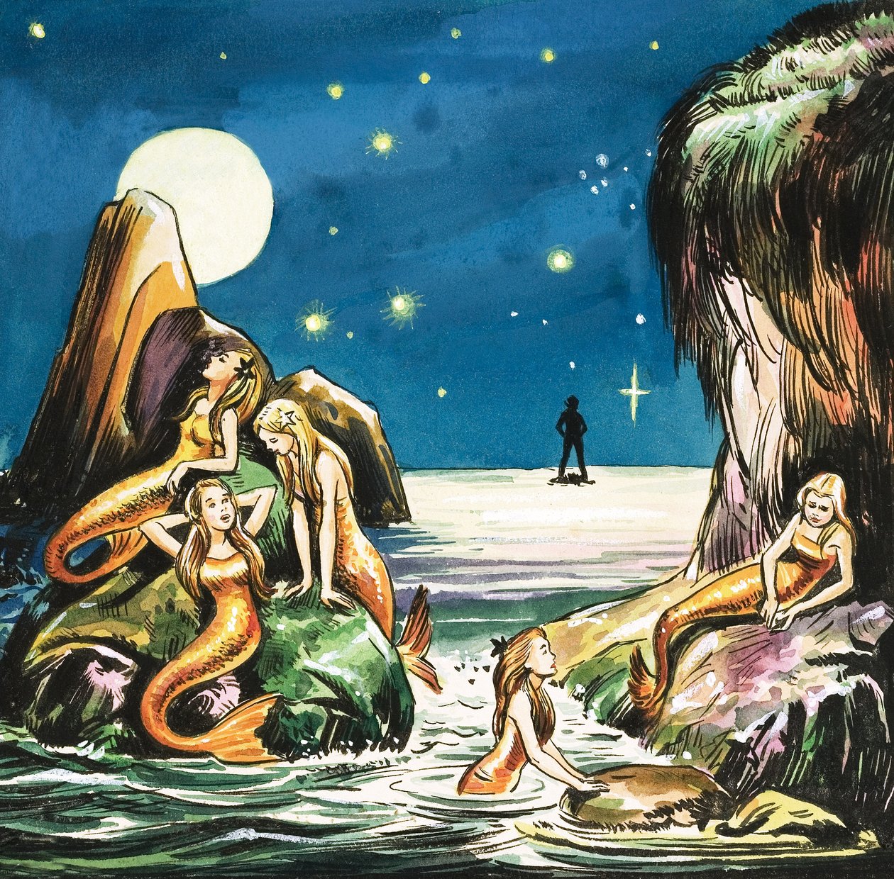 Petr a mořské panny, ilustrace z knihy "Petr Pan" od J. M. Barrieho (kvaš na papíře) od Nadir Quinto