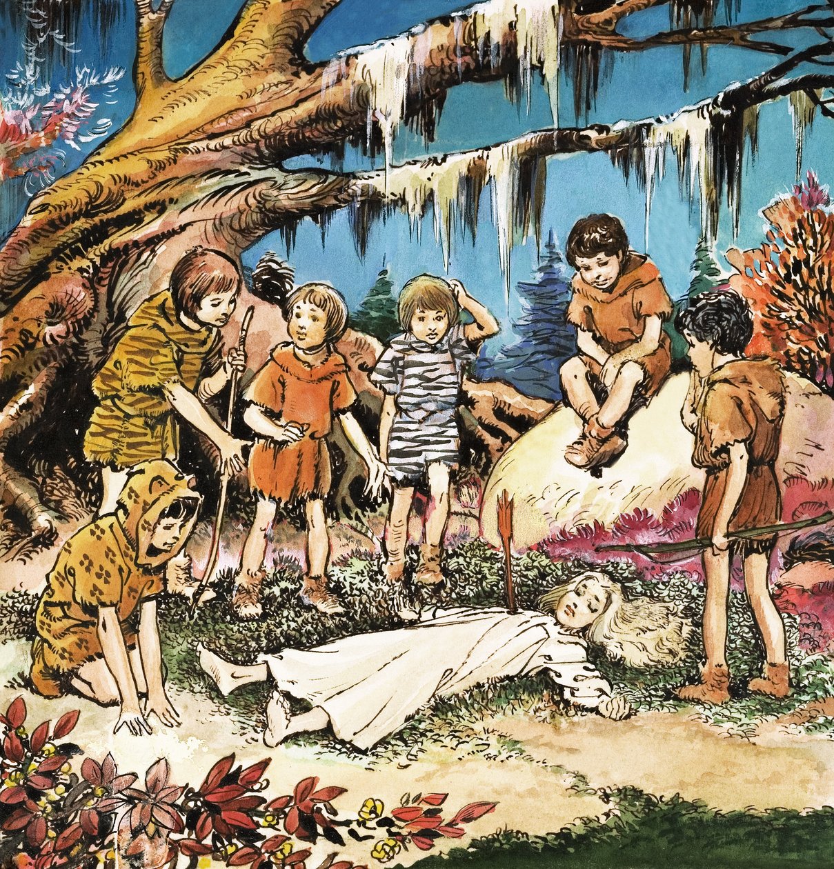 Starost Ztracených chlapců o zraněnou Wendy, ilustrace z knihy "Peter Pan" od J. M. Barrieho (kvaš na papíře) od Nadir Quinto