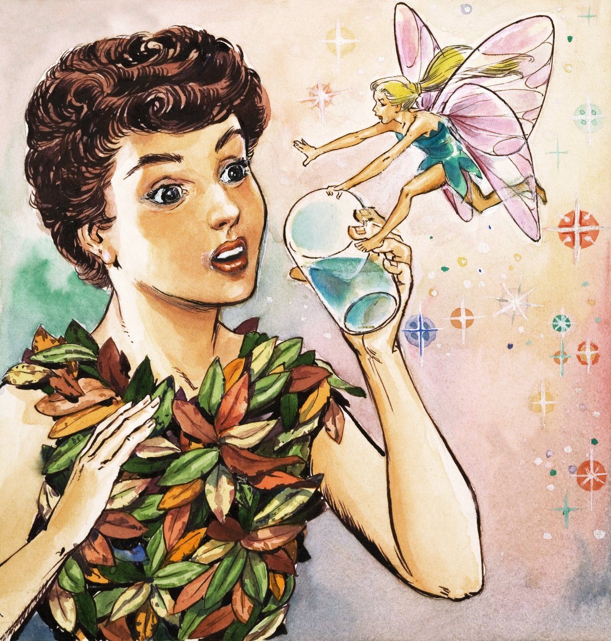 Zvonilka varuje Petra Pana, ilustrace z knihy "Peter Pan" od J. M. Barrieho (kvaš na papíře) od Nadir Quinto