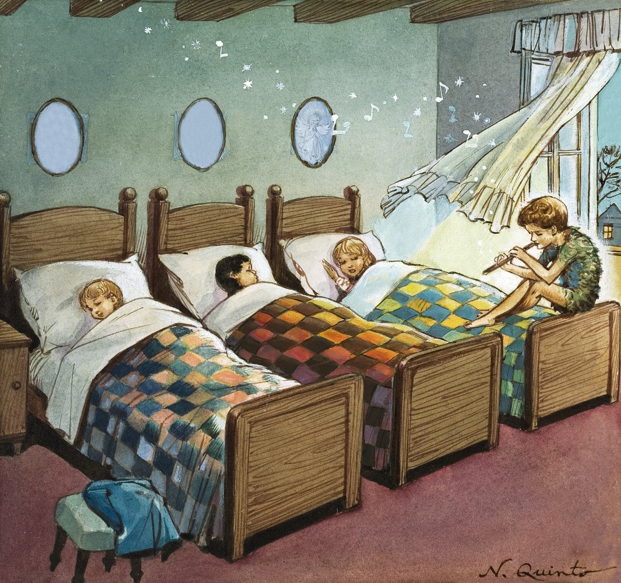 Wendy, Michael a John spí, ilustrace z knihy "Peter Pan" od J. M. Barrieho (kvaš na papíře) od Nadir Quinto