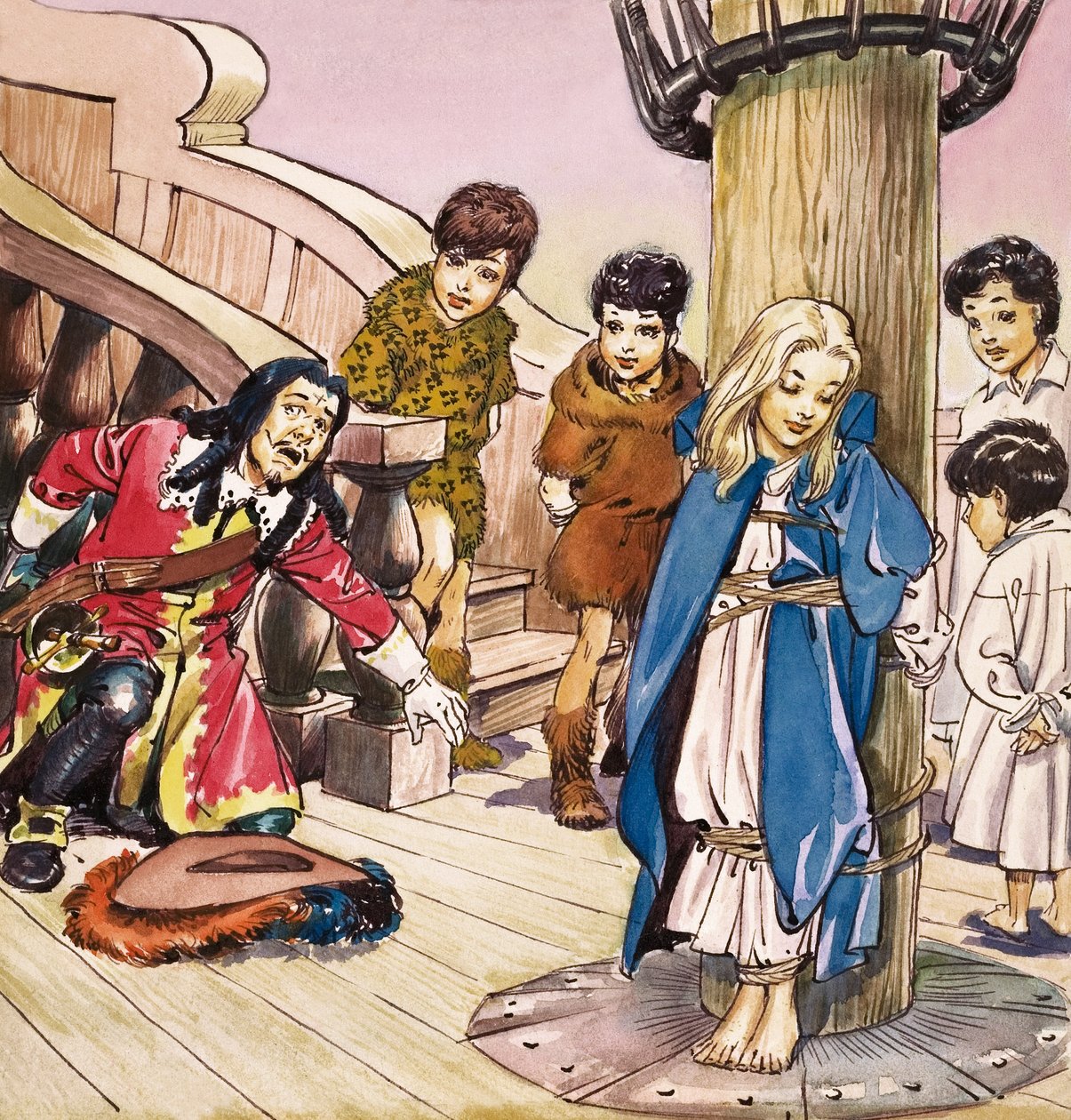 Wendy přivázaná ke stěžni, ilustrace z knihy "Peter Pan" od J. M. Barrieho (kvaš na papíře) od Nadir Quinto