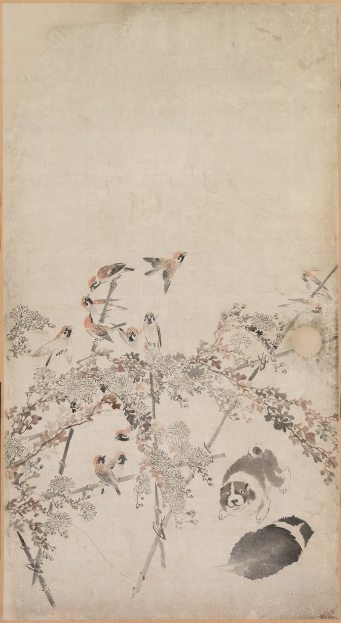 Štěňata, vrabci a chryzantémy, 1754-1799. od Nagasawa Rosetsu