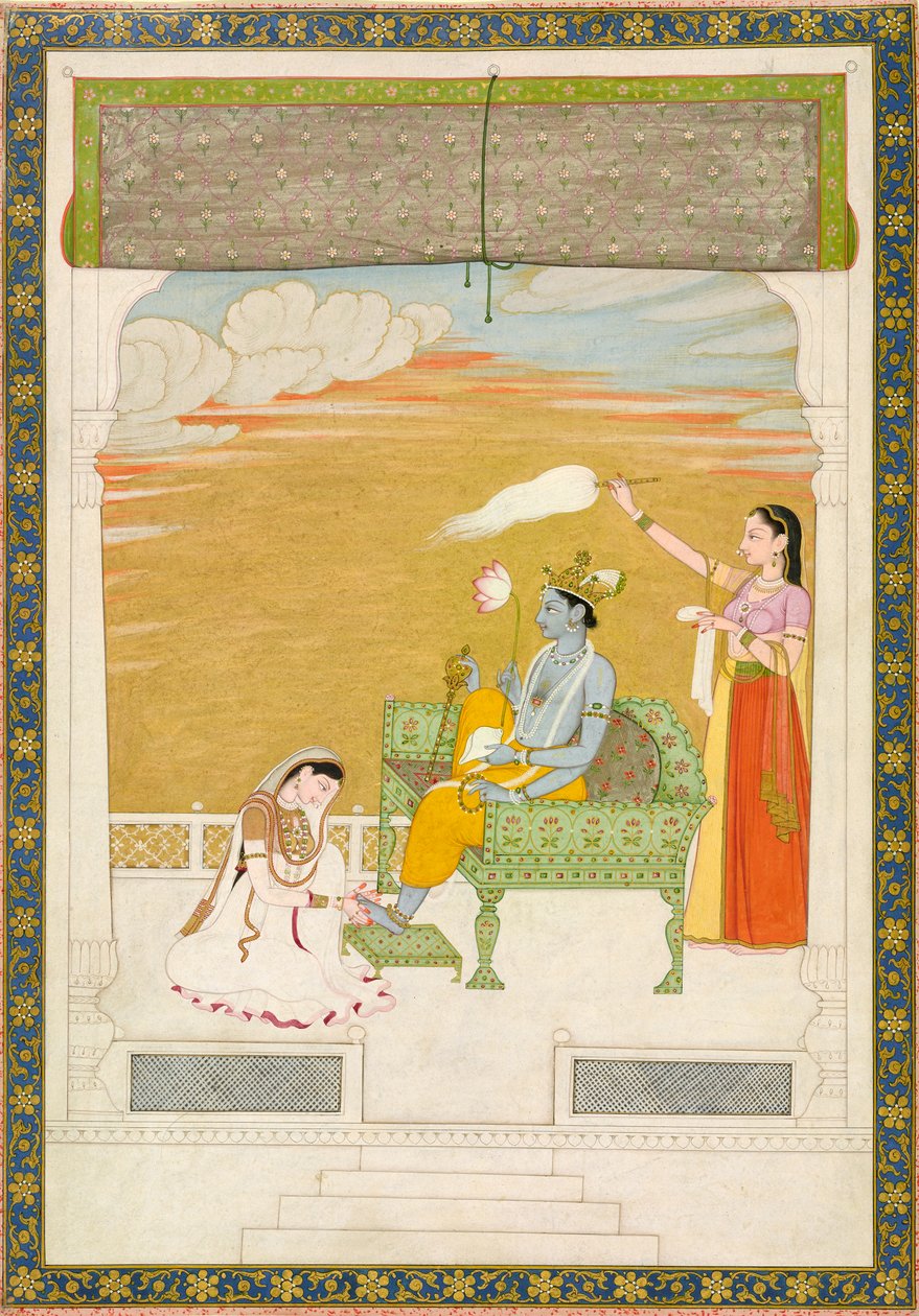 Lakshmi masíruje nohu Višnua, ca. 1765-1770. Tvůrci: Nainsukh, Manju. od Nainsukh Manju