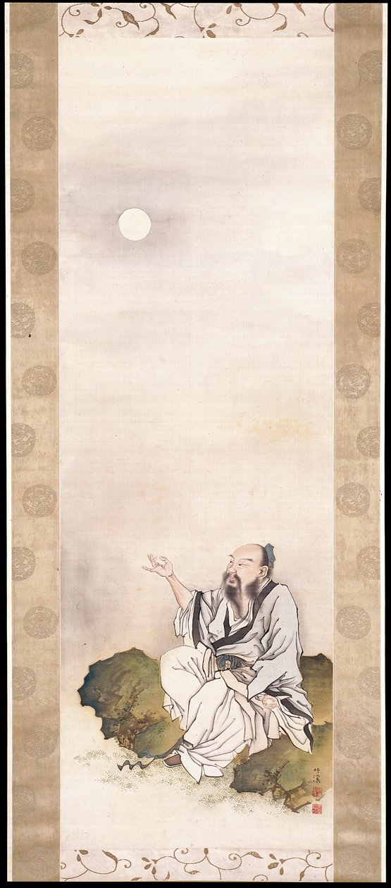 Gentleman Beholding The Moon (inkoust a barva na hedvábí) od Nakabayashi Chikkei