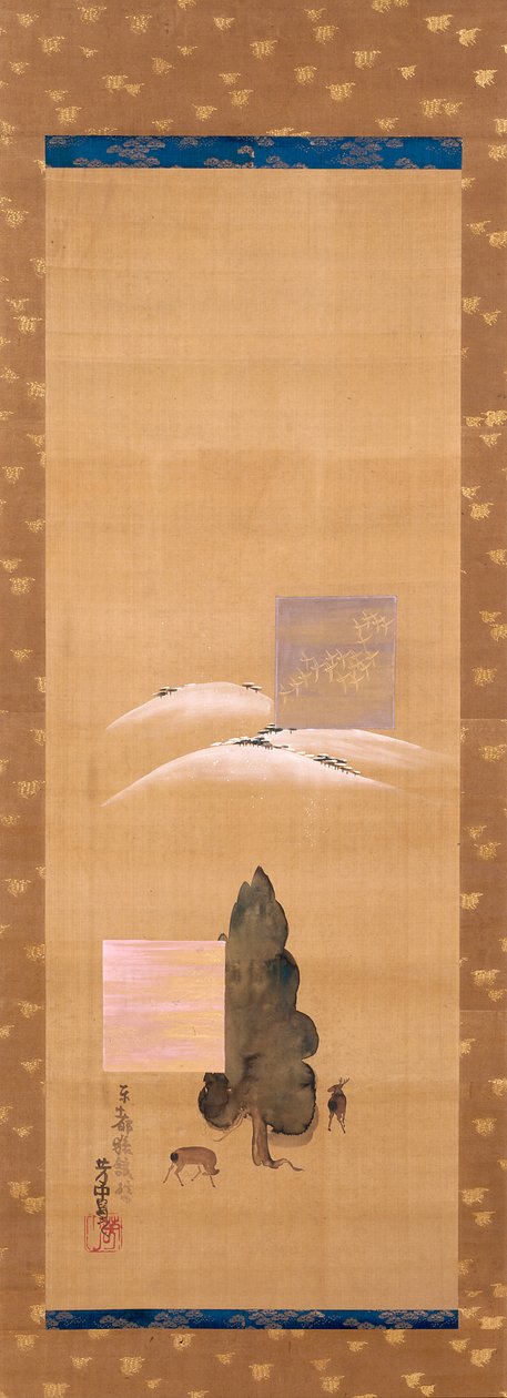 Osm pohledů na Yamato: sníh na hoře Mikasa a jelen v poli Kasuga (inkoust, barva na hedvábí) od Nakamura Hochu