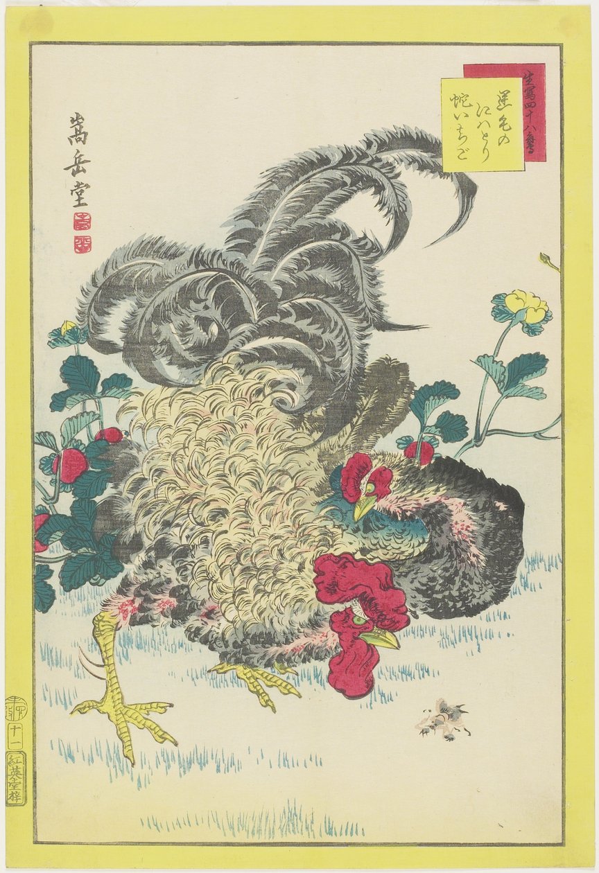 Kohout a maliny, červen 1859 (barevný dřevořez) od Nakayama Sugakudo