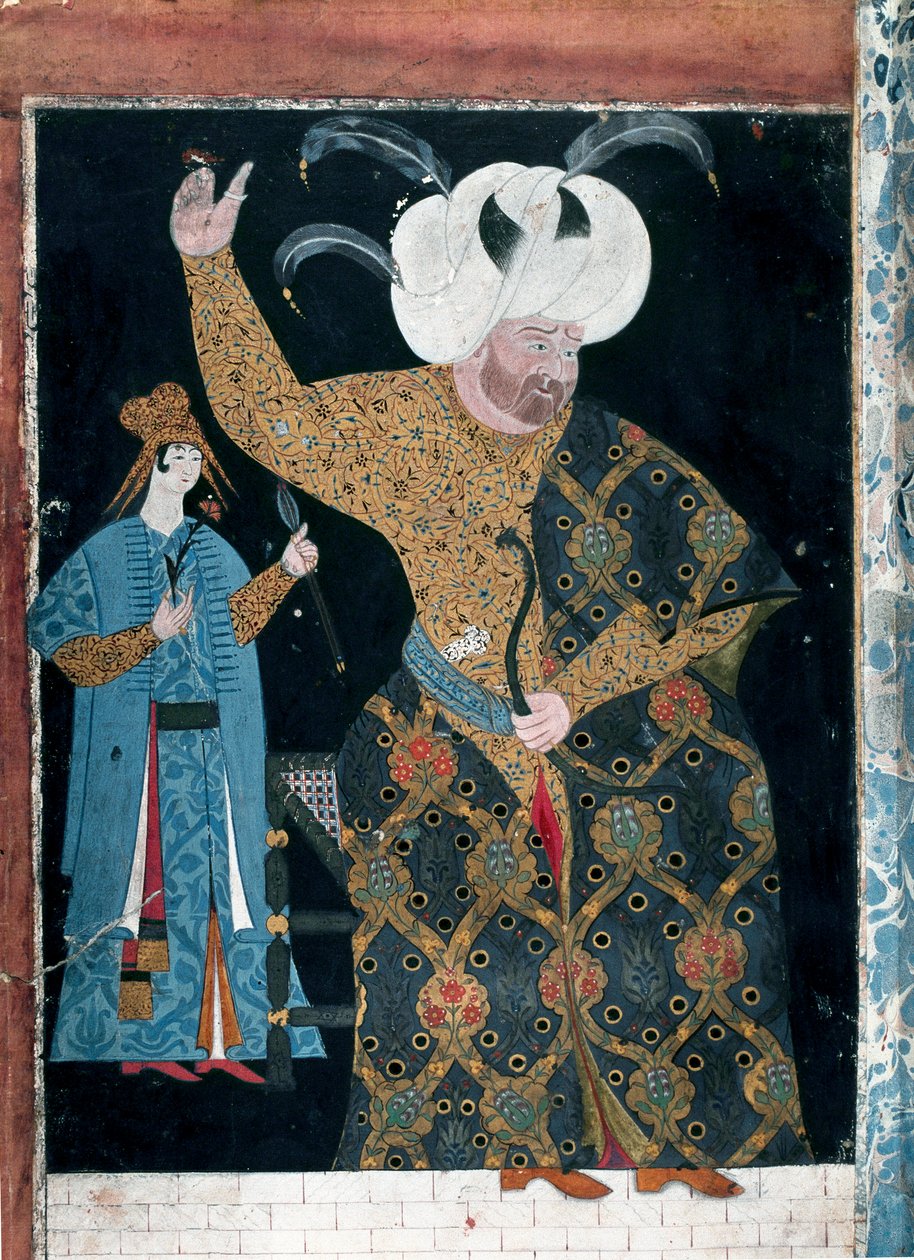 Osmanská říše: “” Portrét sultána Selima II. zvaného Opilý nebo Sari blondýnka (1524-1574)”” Akvarel připisovaný Reis Haydar Nakkep dit Nigari (1494-1572) (TKS 2134, fol. 3 b) Istanbul, Topkapi Seray od Nakkep called Nigari Reis Haydar