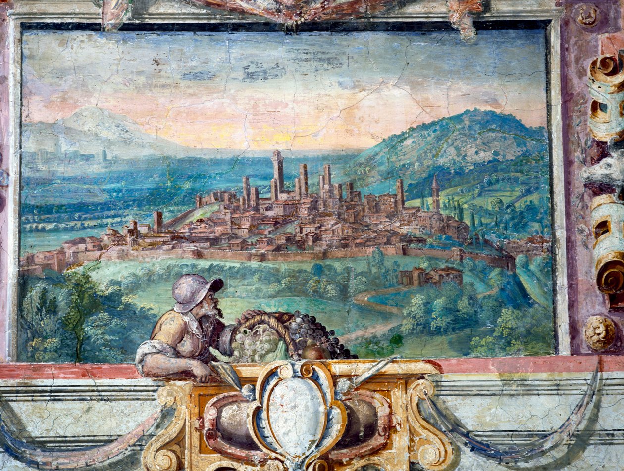 Ložnice, detail vlysu zobrazující města pod vládou Medicejských, San Gimignano, freska 1564-75 od Bartolomeo Ammannati