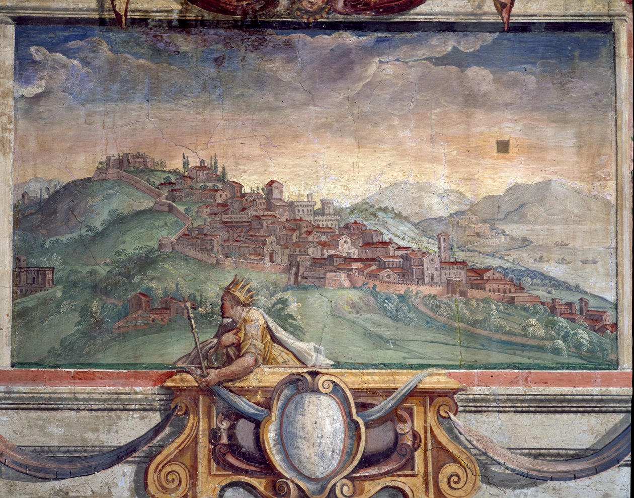 Ložnice, detail vlysu zobrazující města pod vládou Medicejských, možná Cortona, freska z let 1564-75 od Bartolomeo Ammannati