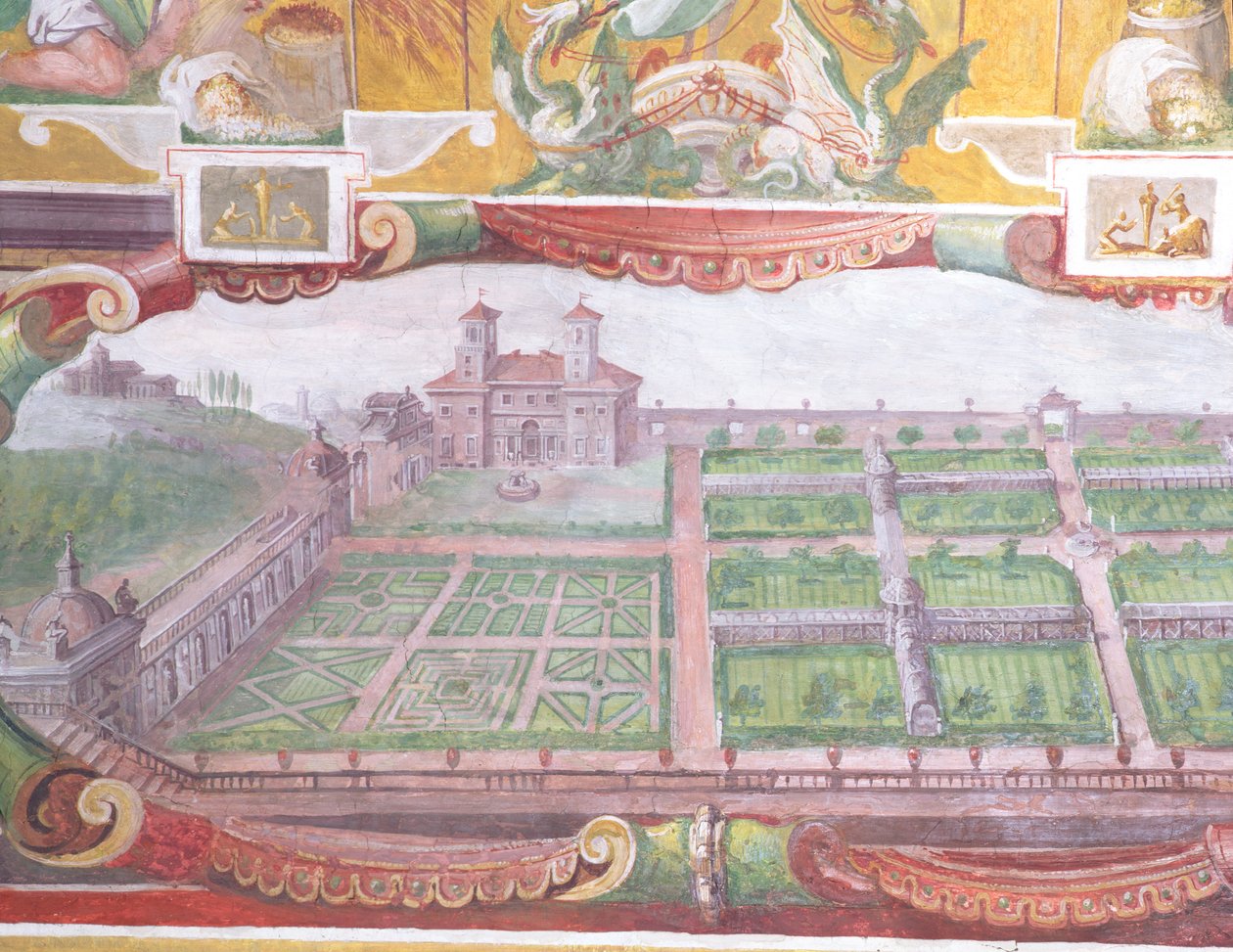 Studie Studiolo Francesca deMedici 1541-87 detail výzdoby klenby zobrazující plán vily a jejích zahrad, freska 1564-75 od Bartolomeo Ammannati