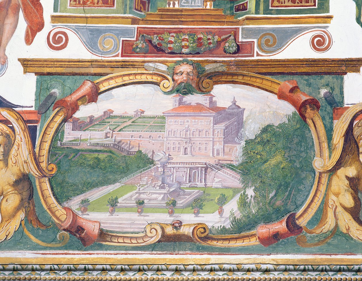 Studie Studiolo Francesca deMedici 1541-87 detail vlysové výzdoby zobrazující jednu z Medicejských vil, její zahradu a fontánu, freska z let 1564-75 od Bartolomeo Ammannati