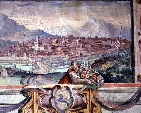 Ložnice, detail vlysu zobrazující města pod vládou Medicejských, možná Volterra od Nanni di B. Bigio and Bartolomeo Ammannati