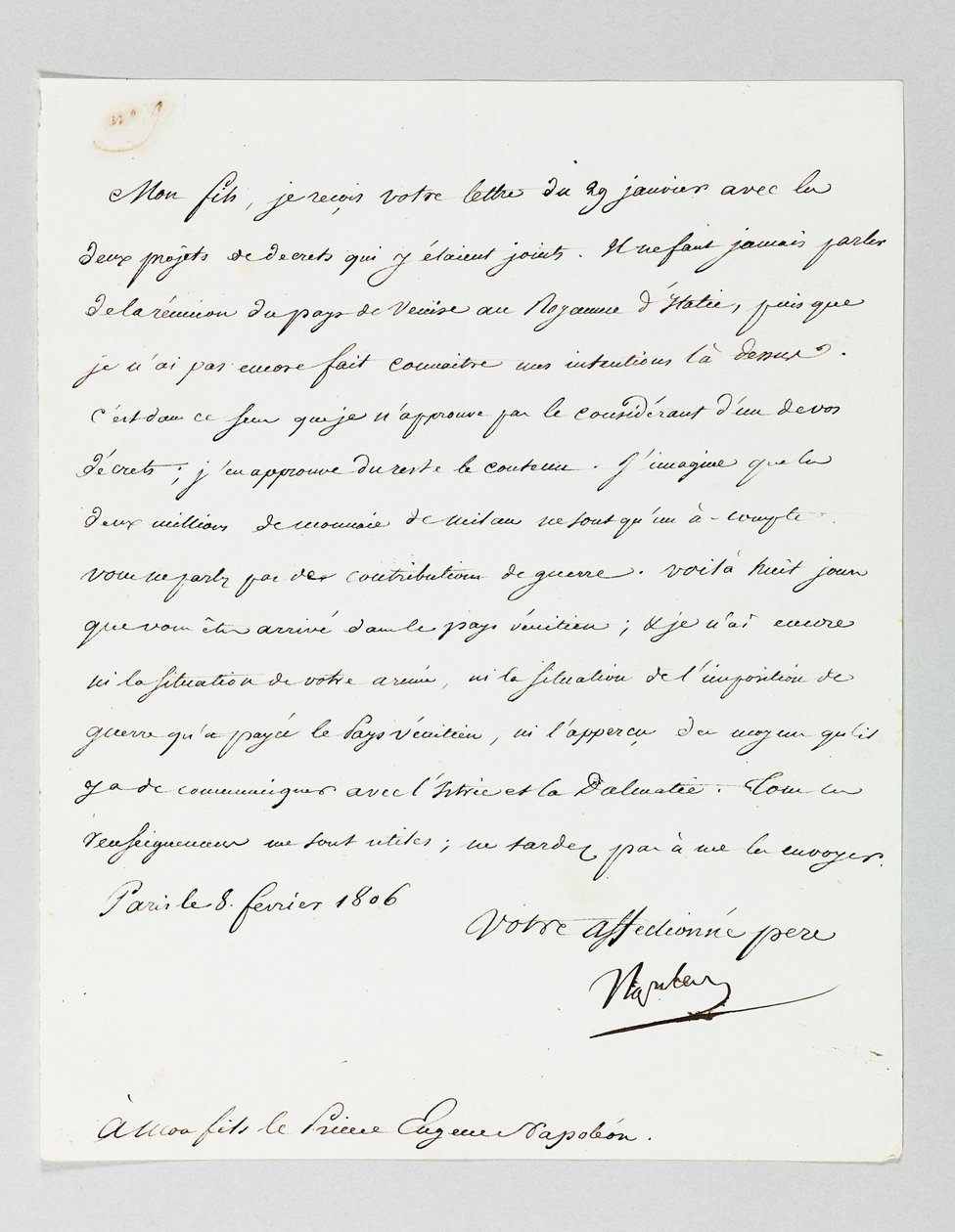 Podepsaný dopis od Napoleona jeho nevlastnímu synovi, princi Eugène de Beauharnais Napoleon od Napoleon Bonaparte