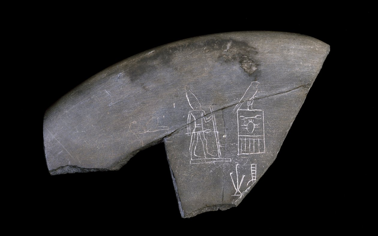 Zlomek kamenné mísy s nápisem, asi 3285 př. n. l. (tesaný naplavený kámen) od Naqada I Period Egyptian